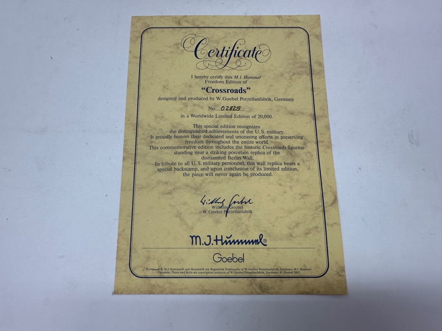 Special Limited Edition 1992 Hummel Figurine Freedom Edition Of 'Crossroads' Recognizing The Distinguished Achievements Of The U.S. Military Showing The Berlin Wall With Original Box 7.5'H [Photo 10]