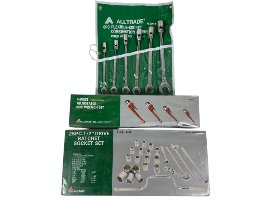 (3) New Alltrade Tool Sets: Flexible Socket Set, Adjustable Pipe Wrench Set And Ratchet Socket Set