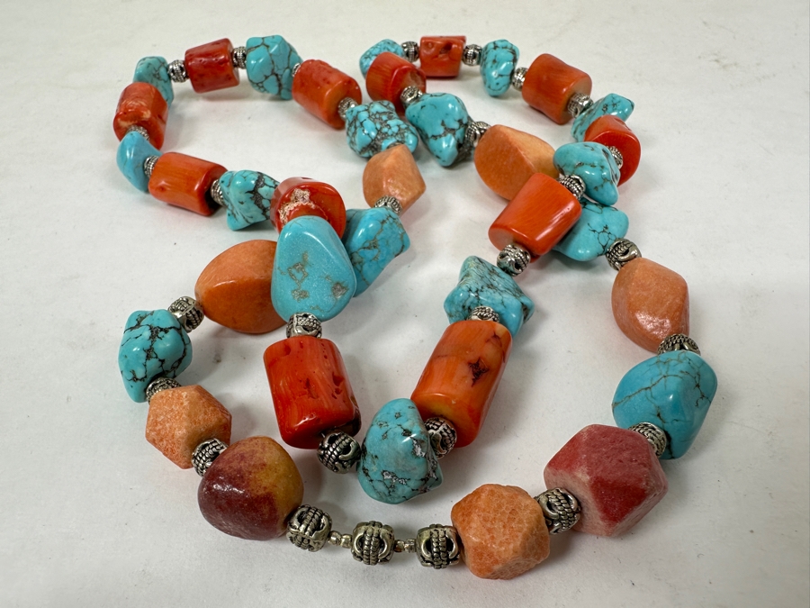 Chunky Turquoise / Red Coral Beaded 30' Necklace [Photo 5]