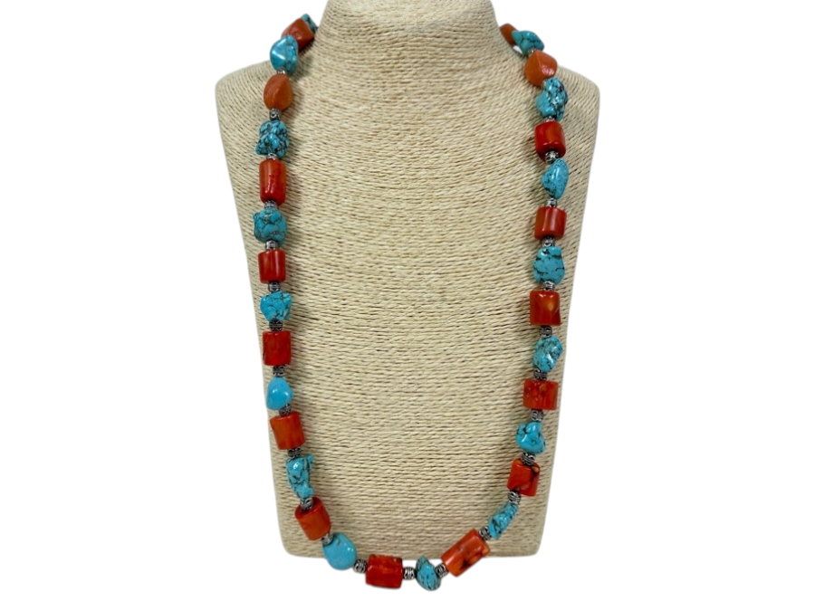 Chunky Turquoise / Red Coral Beaded 30' Necklace