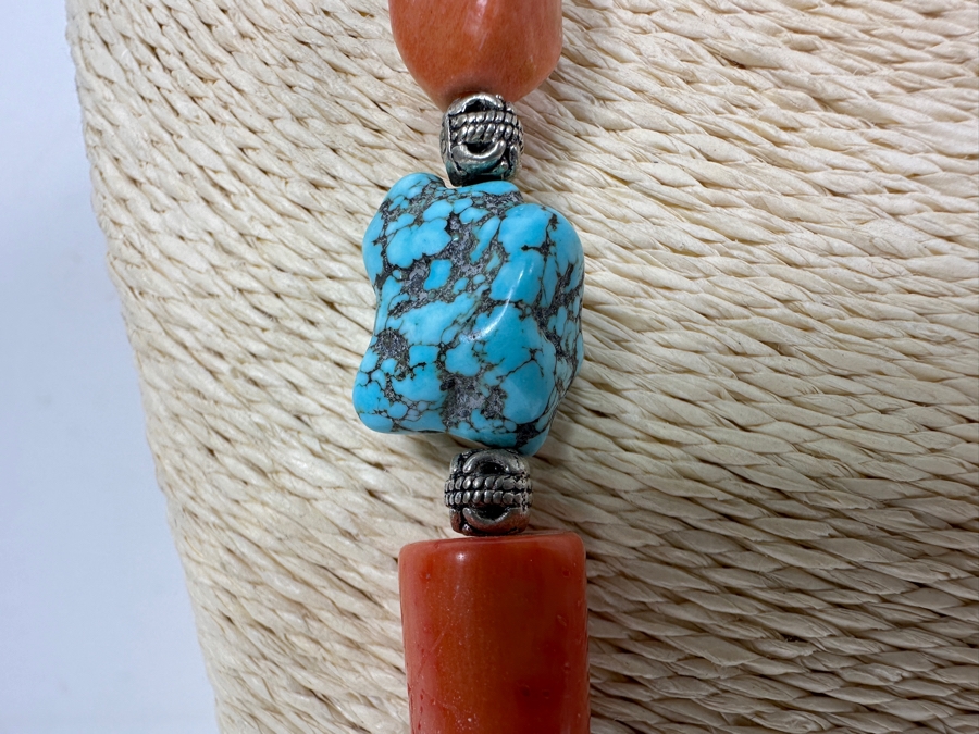 Chunky Turquoise / Red Coral Beaded 30' Necklace [Photo 2]