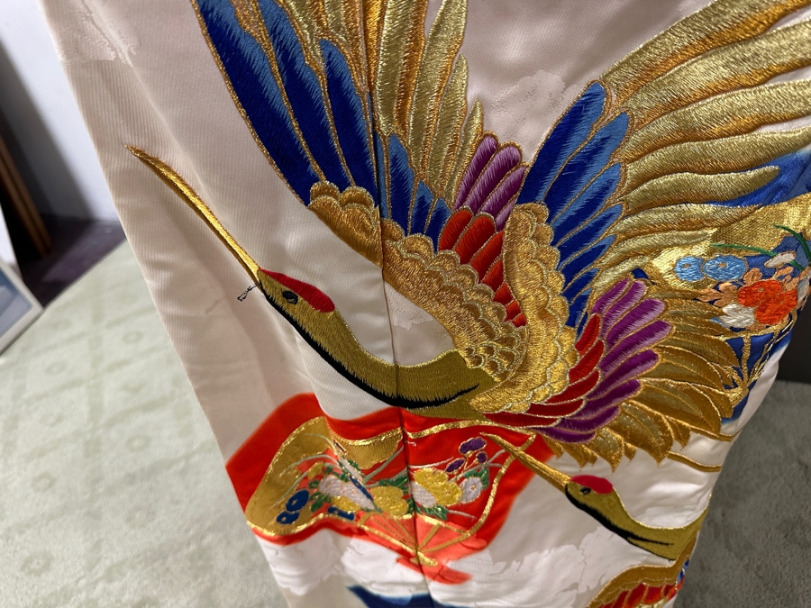 Huge Vintage Japanese Silk Uchikake Wedding Kimono Featuring Gold Cranes And Fan Embroidery 50'W X 74'L [Photo 4]