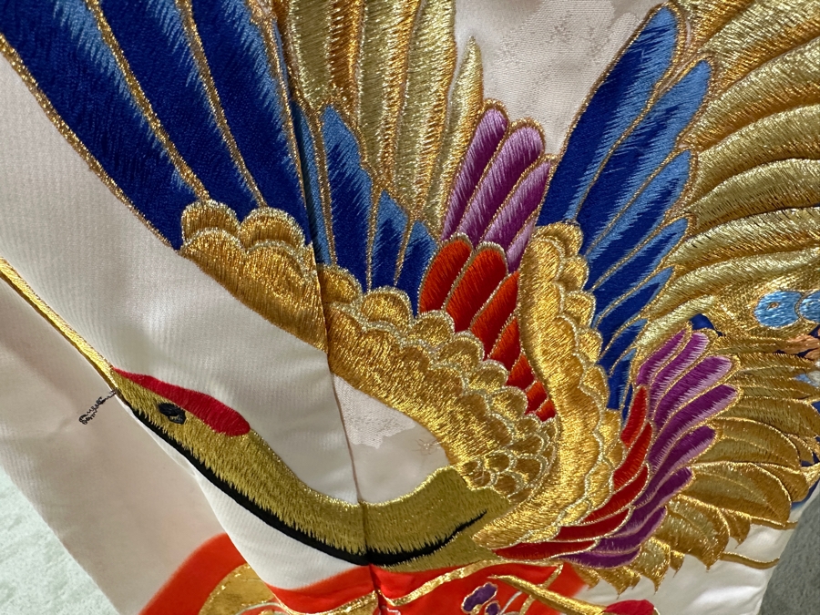 Huge Vintage Japanese Silk Uchikake Wedding Kimono Featuring Gold Cranes And Fan Embroidery 50'W X 74'L [Photo 3]