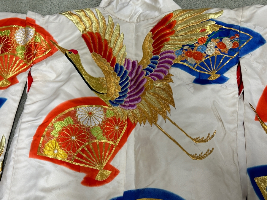 Huge Vintage Japanese Silk Uchikake Wedding Kimono Featuring Gold Cranes And Fan Embroidery 50'W X 74'L [Photo 8]