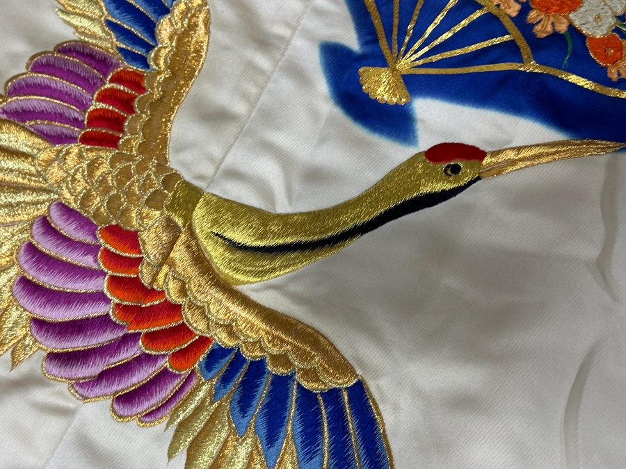 Huge Vintage Japanese Silk Uchikake Wedding Kimono Featuring Gold Cranes And Fan Embroidery 50'W X 74'L [Photo 10]