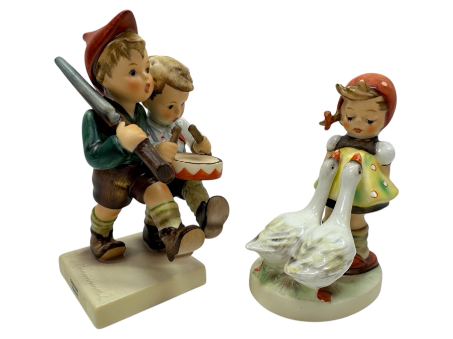 Pair Of Signed Vintage Hummel Figurines: Volunteers (Desert Shield / Desert Storm August 2, 1990) And Goose Girl - 4'H And 5'H