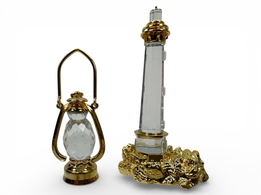 Vintage Swarovski Crystal Lantern And Lighthouse Figurines With Gold Accents