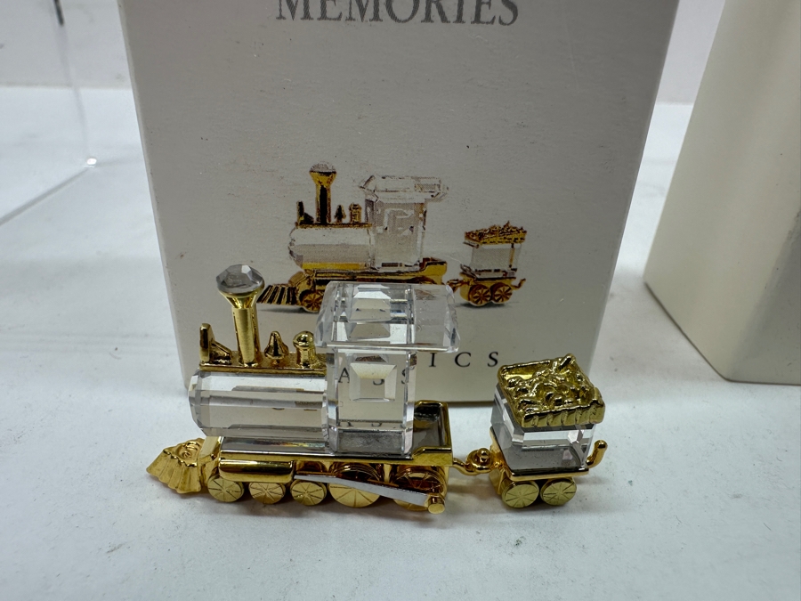 Vintage Swarovski Crystal Memories Train Collection Miniature Figurines With Gold Accents Featuring Three Sets Of Exquisite Crystal Locomotives and Carriages - Two Sets With Original Boxes (6 Pieces Total) [Photo 2]