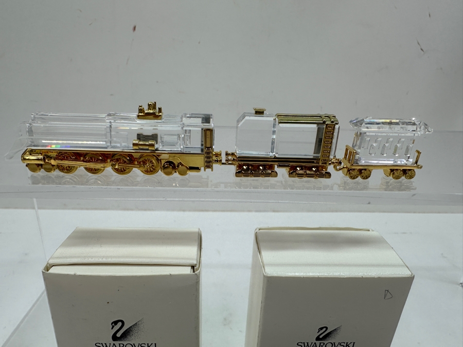 Vintage Swarovski Crystal Memories Train Collection Miniature Figurines With Gold Accents Featuring Three Sets Of Exquisite Crystal Locomotives and Carriages - Two Sets With Original Boxes (6 Pieces Total) [Photo 4]