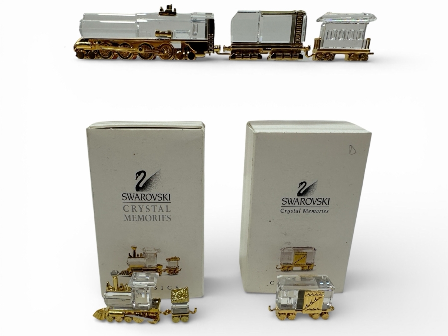 Vintage Swarovski Crystal Memories Train Collection Miniature Figurines With Gold Accents Featuring Three Sets Of Exquisite Crystal Locomotives and Carriages - Two Sets With Original Boxes (6 Pieces Total)
