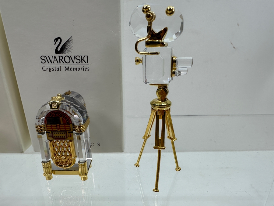 Vintage Swarovski Crystal Memories Miniature Figurines With Gold Accents: Vintage Radio, Gramophone With Original Box, Jukebox With Original Box And Film Camera [Photo 2]