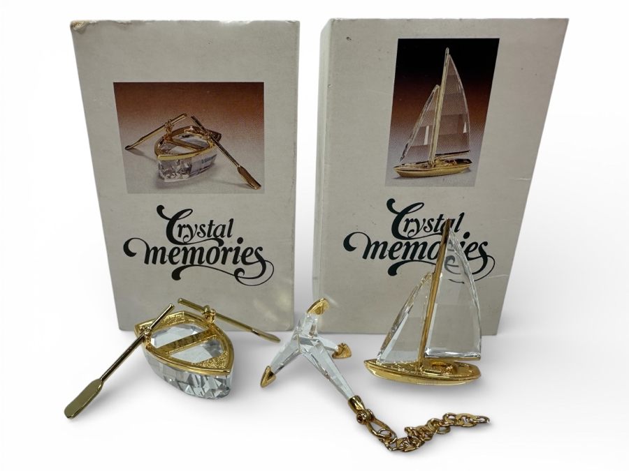 Vintage Swarovski Crystal Memories Miniature Figurines With Gold Accents: Rowboat With Oars And A Sailboat With Gold Accents - Both With Original Boxes