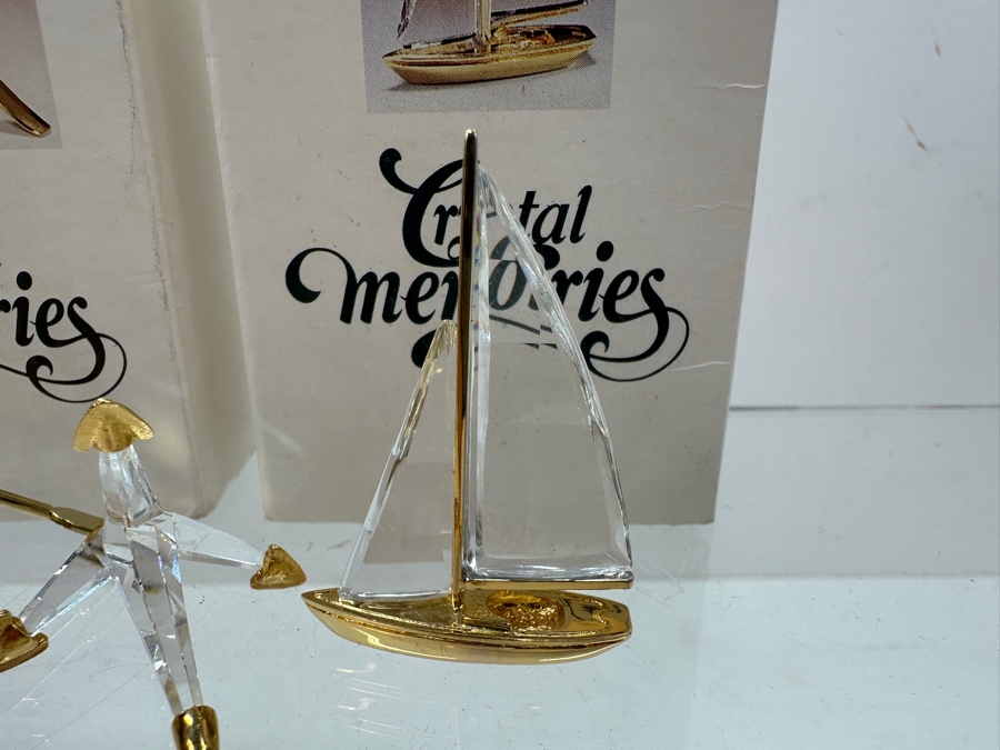 Vintage Swarovski Crystal Memories Miniature Figurines With Gold Accents: Rowboat With Oars And A Sailboat With Gold Accents - Both With Original Boxes [Photo 4]