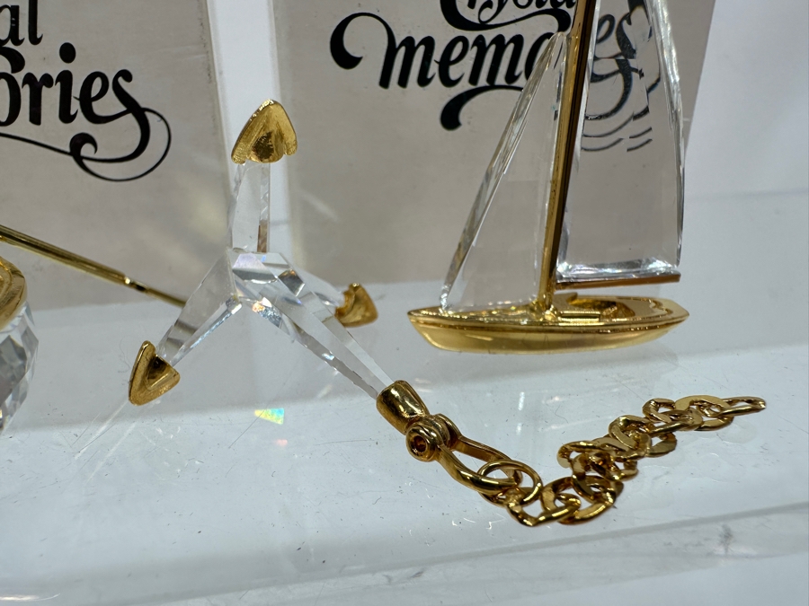 Vintage Swarovski Crystal Memories Miniature Figurines With Gold Accents: Rowboat With Oars And A Sailboat With Gold Accents - Both With Original Boxes [Photo 3]