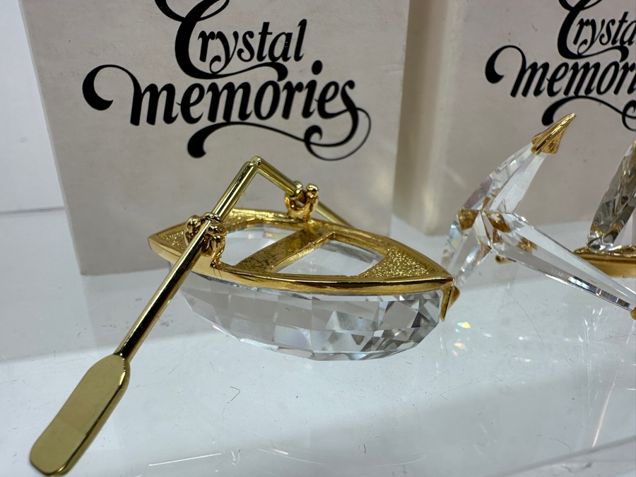 Vintage Swarovski Crystal Memories Miniature Figurines With Gold Accents: Rowboat With Oars And A Sailboat With Gold Accents - Both With Original Boxes [Photo 2]