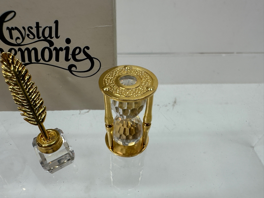 Vintage Swarovski Crystal Memories Miniature Figurines With Gold Accents: Inkwell With Feather Pen Set With Original Box, Scale And Hourglass [Photo 5]