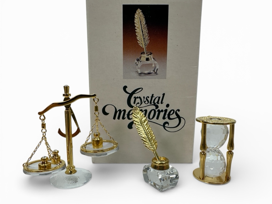 Vintage Swarovski Crystal Memories Miniature Figurines With Gold Accents: Inkwell With Feather Pen Set With Original Box, Scale And Hourglass