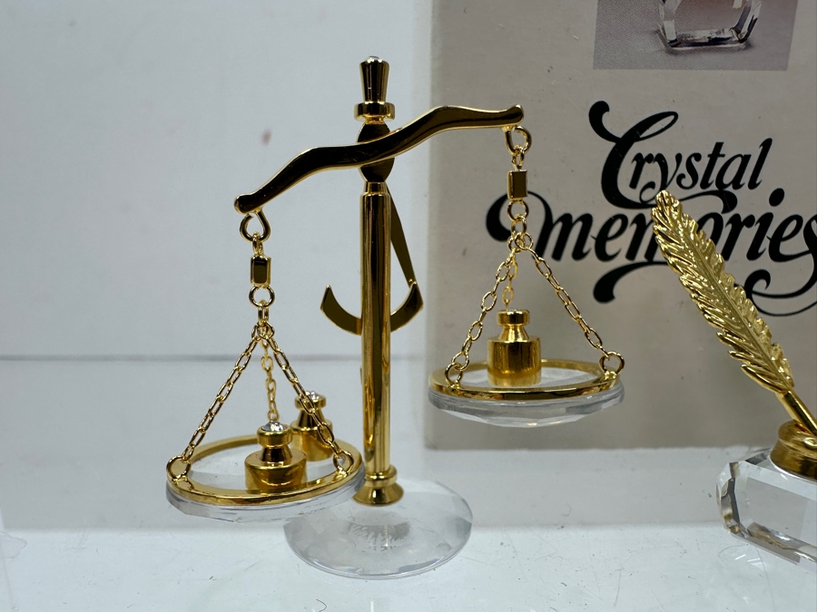 Vintage Swarovski Crystal Memories Miniature Figurines With Gold Accents: Inkwell With Feather Pen Set With Original Box, Scale And Hourglass [Photo 2]