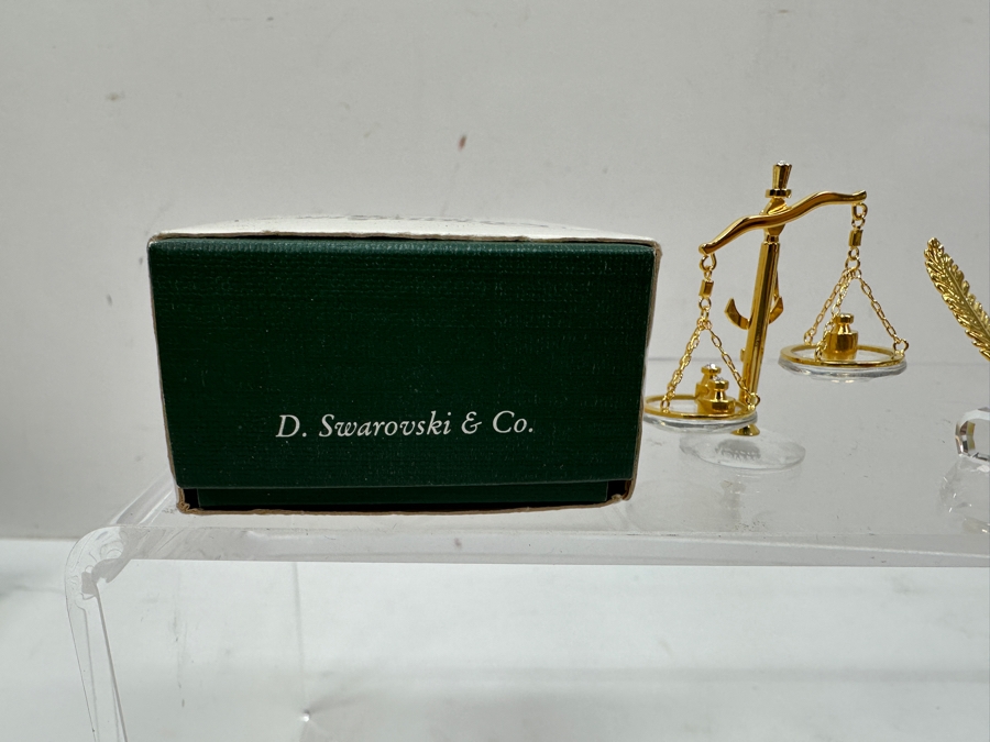 Vintage Swarovski Crystal Memories Miniature Figurines With Gold Accents: Inkwell With Feather Pen Set With Original Box, Scale And Hourglass [Photo 6]