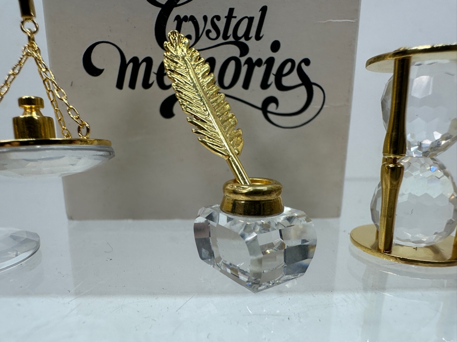 Vintage Swarovski Crystal Memories Miniature Figurines With Gold Accents: Inkwell With Feather Pen Set With Original Box, Scale And Hourglass [Photo 3]