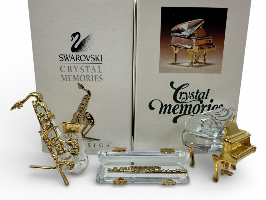 Vintage Swarovski Crystal Miniature Figurines With Gold Accents: Saxophone With Original Box, Piano With Original Box And Flute