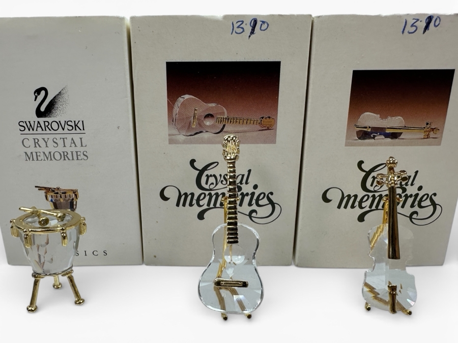 Vintage Swarovski Crystal Memories Miniature Musical Instruments Figurines With Gold Accents: Drum, Guitar And Violin With Gold Accents And Original Boxes