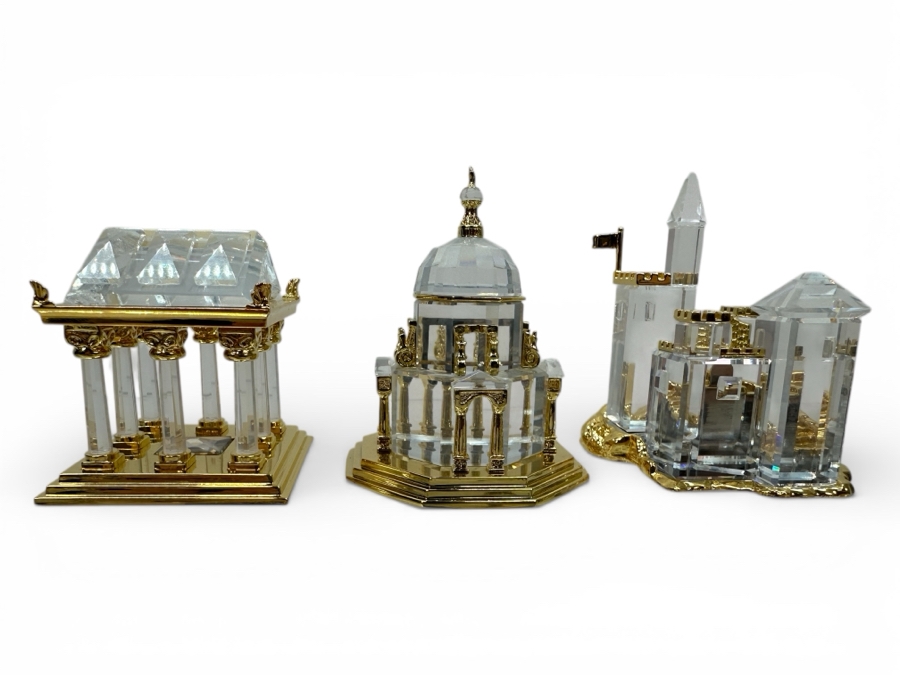 Vintage Swarovski Crystal Miniature Figurines With Gold Accents: Greek Temple, Cathedral And Castle