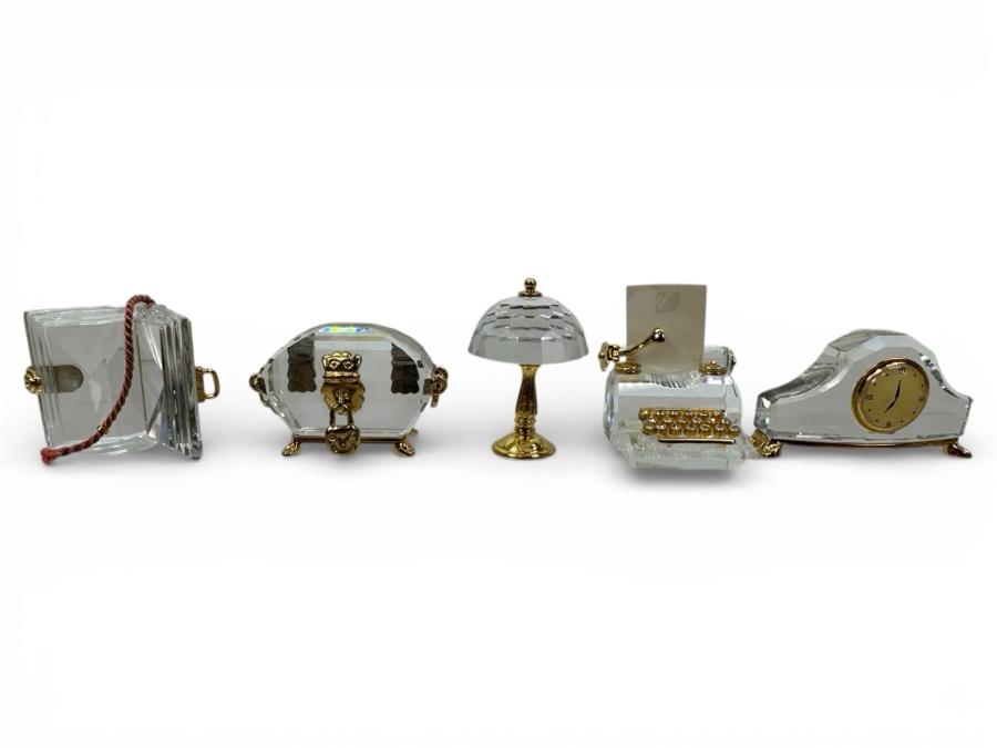 Vintage Swarovski Crystal Miniature Figurines With Gold Accents: Diary, Treasure Chest, Lamp, Typewriter, Clock