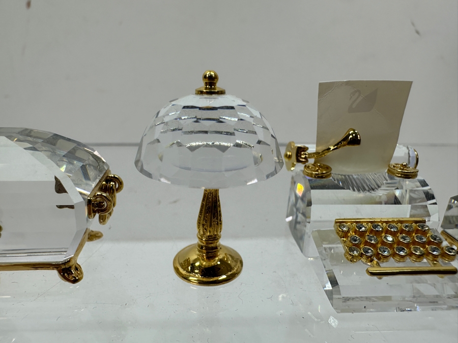 Vintage Swarovski Crystal Miniature Figurines With Gold Accents: Diary, Treasure Chest, Lamp, Typewriter, Clock [Photo 3]