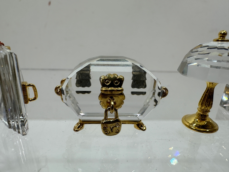 Vintage Swarovski Crystal Miniature Figurines With Gold Accents: Diary, Treasure Chest, Lamp, Typewriter, Clock [Photo 4]