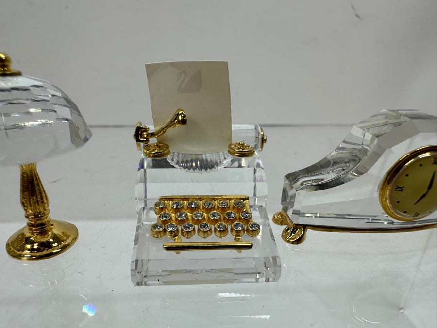 Vintage Swarovski Crystal Miniature Figurines With Gold Accents: Diary, Treasure Chest, Lamp, Typewriter, Clock [Photo 2]