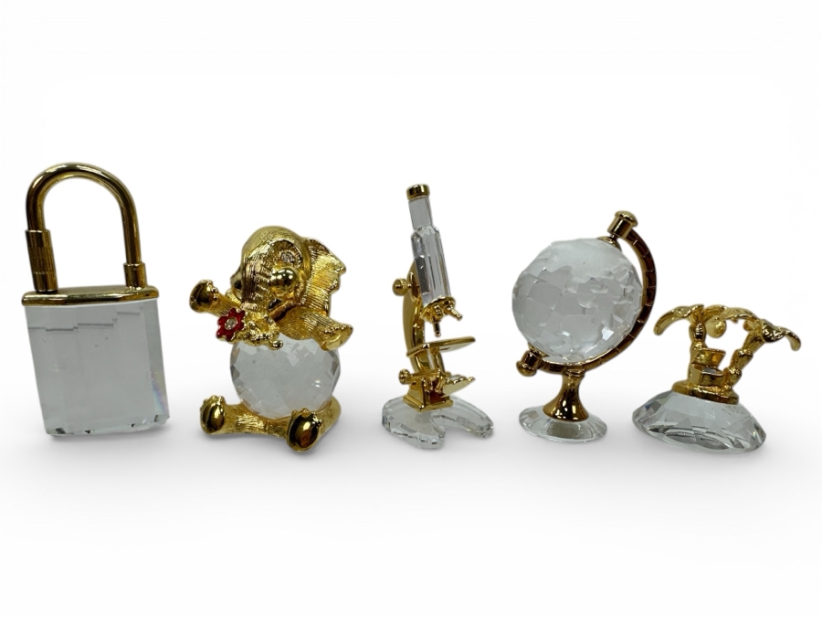 Vintage Swarovski Crystal Miniature Figurines With Gold Accents: Padlock, Elmo The Elephant, Microscope, Globe And Treasure Island