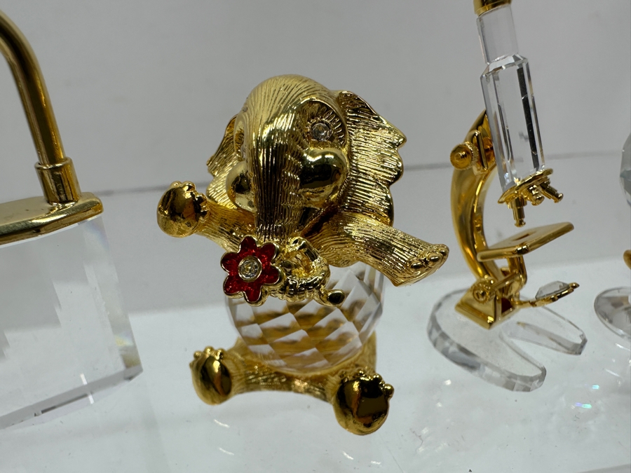 Vintage Swarovski Crystal Miniature Figurines With Gold Accents: Padlock, Elmo The Elephant, Microscope, Globe And Treasure Island [Photo 3]