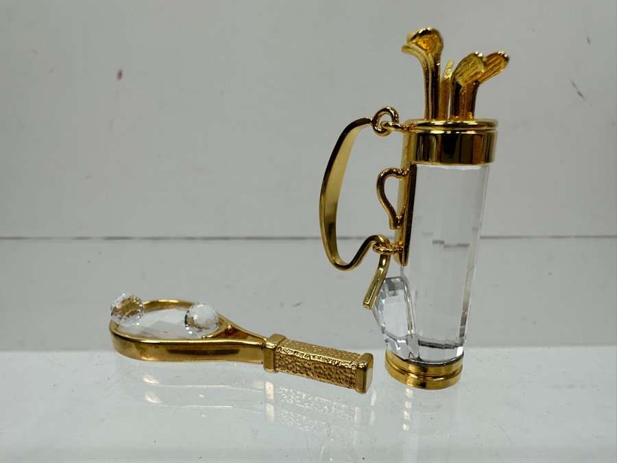 Vintage Swarovski Crystal Miniature Figurines With Gold Accents: Crystal Golf Bag and Clubs And Tennis Racket With Pair Of Tennis Balls [Photo 3]
