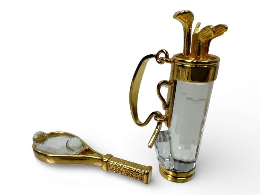 Vintage Swarovski Crystal Miniature Figurines With Gold Accents: Crystal Golf Bag and Clubs And Tennis Racket With Pair Of Tennis Balls