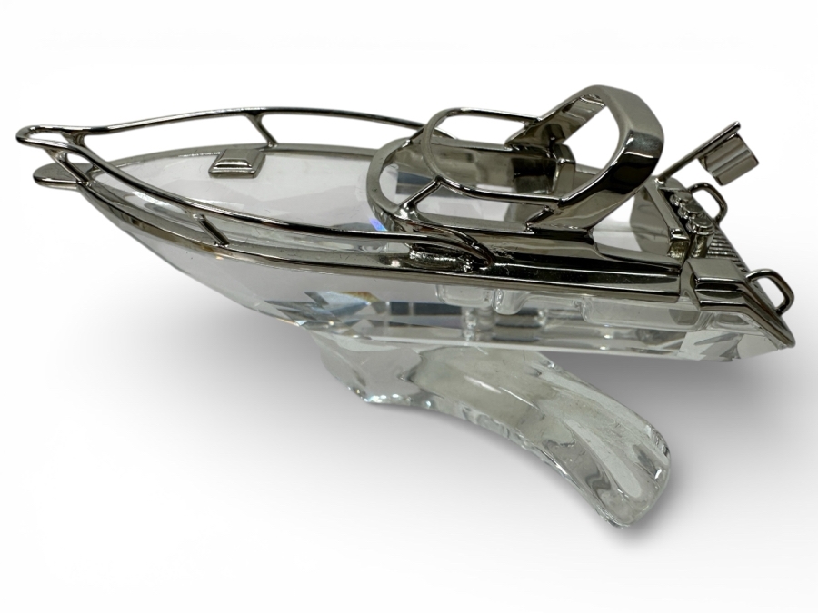 Vintage Swarovski Crystal Memories Miniature Figurine Power Boat With Rhodium-Plated Metal Accents