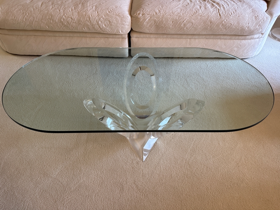 Modernist Lucite Base Coffee Table With Oval Glass Top 60'W X 30'D X 16'H [Photo 12]