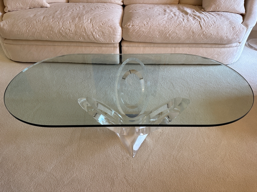 Modernist Lucite Base Coffee Table With Oval Glass Top 60'W X 30'D X 16'H