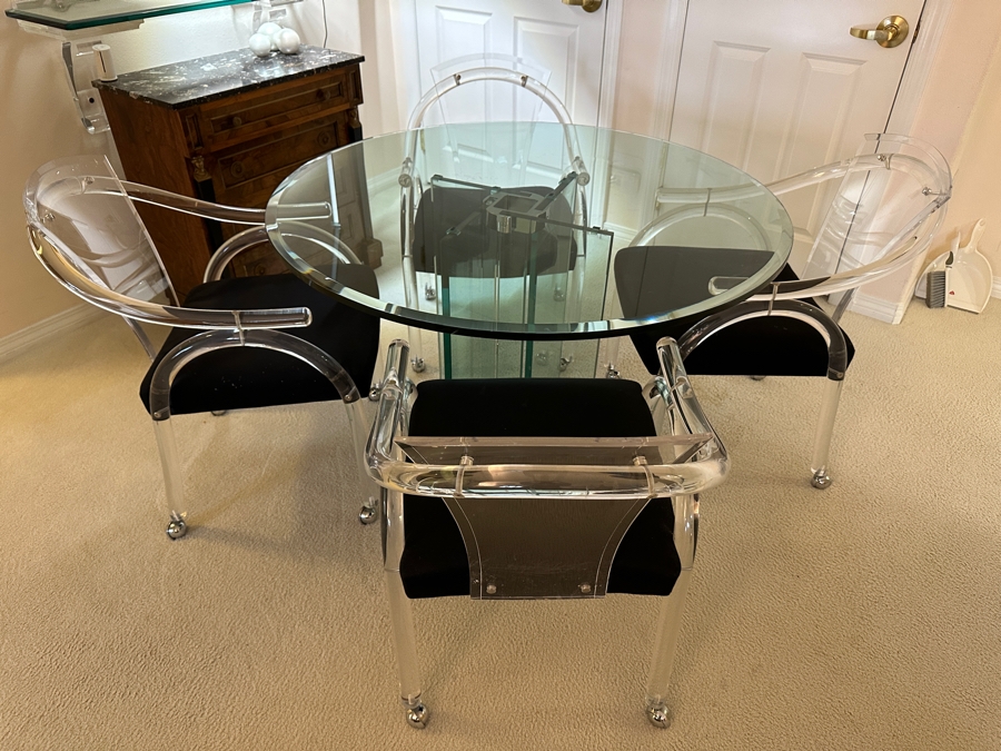 Four Modernist Lucite Chairs On Casters (Creations At Dallas) With Glass Pedestal Round Dining Table 44'R X 28.5'H [Photo 6]
