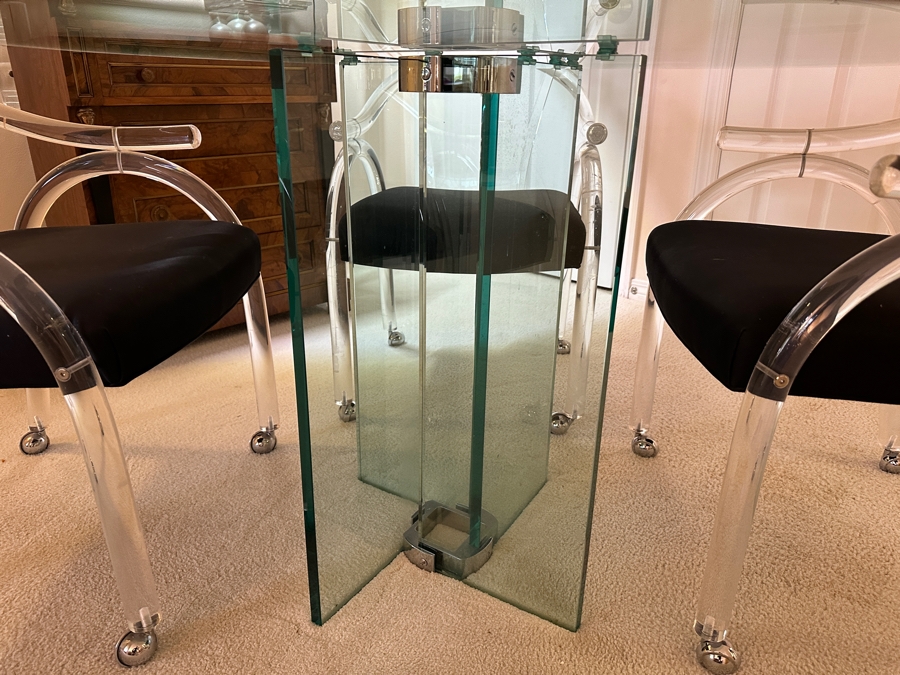 Four Modernist Lucite Chairs On Casters (Creations At Dallas) With Glass Pedestal Round Dining Table 44'R X 28.5'H [Photo 10]