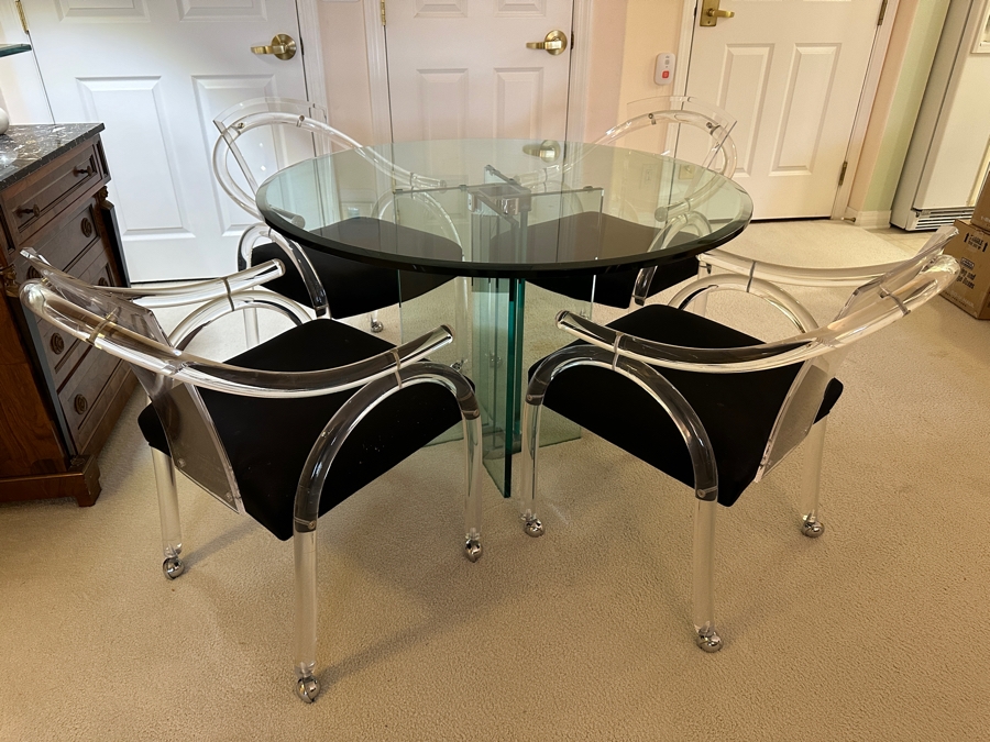 Four Modernist Lucite Chairs On Casters (Creations At Dallas) With Glass Pedestal Round Dining Table 44'R X 28.5'H [Photo 2]