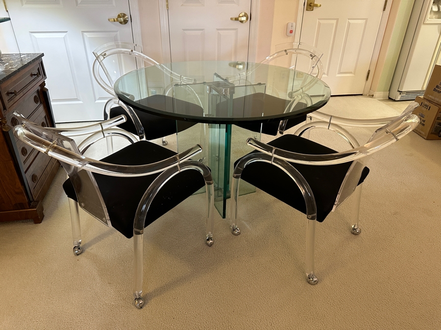 Four Modernist Lucite Chairs On Casters (Creations At Dallas) With Glass Pedestal Round Dining Table 44'R X 28.5'H