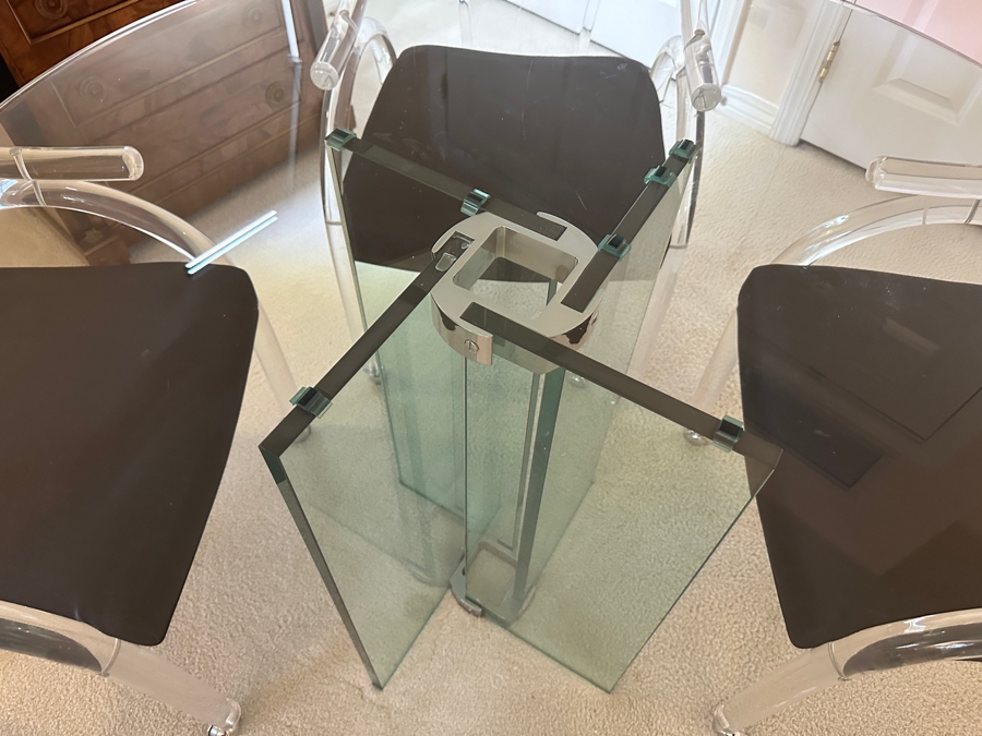 Four Modernist Lucite Chairs On Casters (Creations At Dallas) With Glass Pedestal Round Dining Table 44'R X 28.5'H [Photo 11]