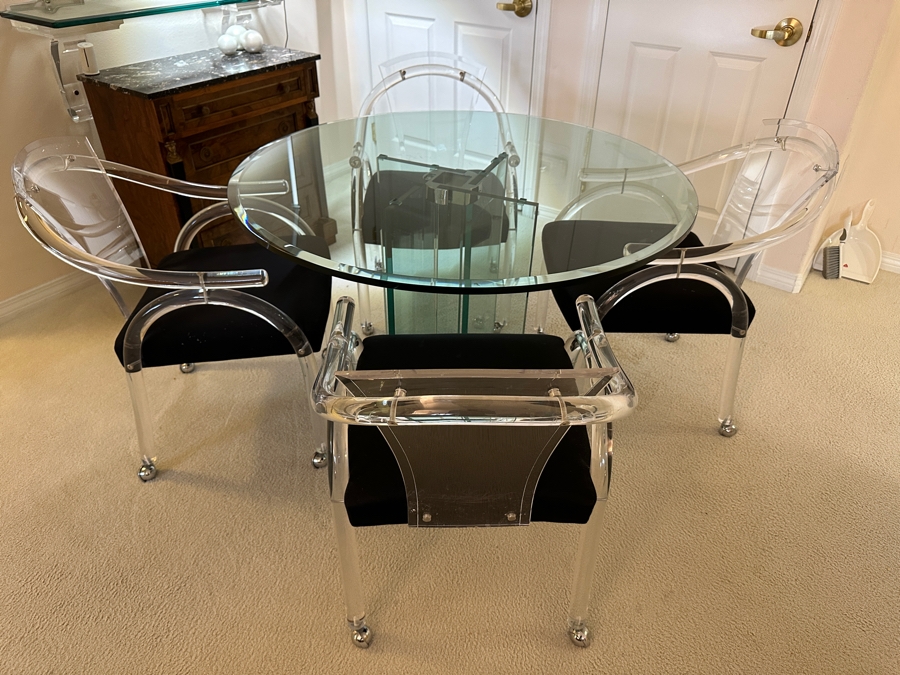 Four Modernist Lucite Chairs On Casters (Creations At Dallas) With Glass Pedestal Round Dining Table 44'R X 28.5'H [Photo 7]