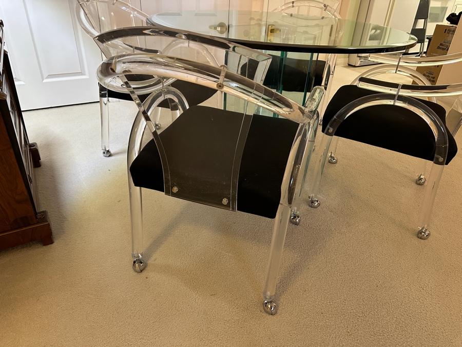 Four Modernist Lucite Chairs On Casters (Creations At Dallas) With Glass Pedestal Round Dining Table 44'R X 28.5'H [Photo 4]