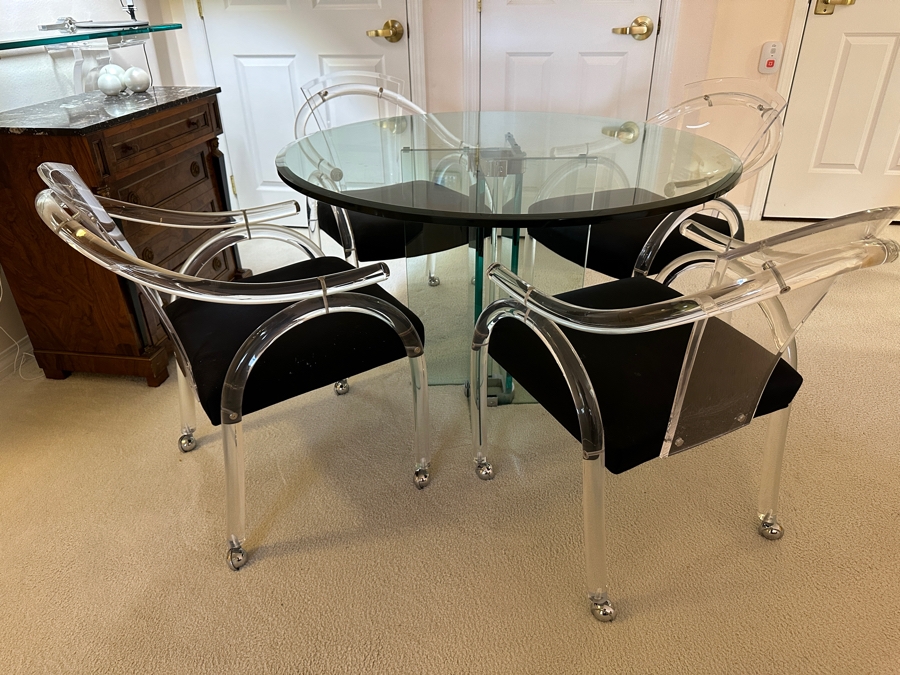 Four Modernist Lucite Chairs On Casters (Creations At Dallas) With Glass Pedestal Round Dining Table 44'R X 28.5'H [Photo 8]