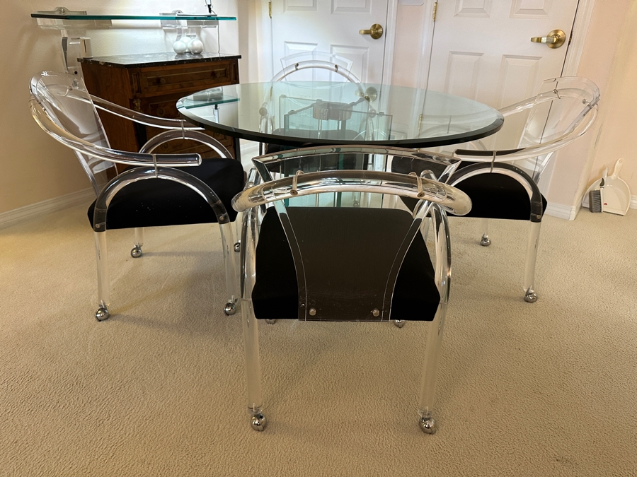 Four Modernist Lucite Chairs On Casters (Creations At Dallas) With Glass Pedestal Round Dining Table 44'R X 28.5'H [Photo 5]