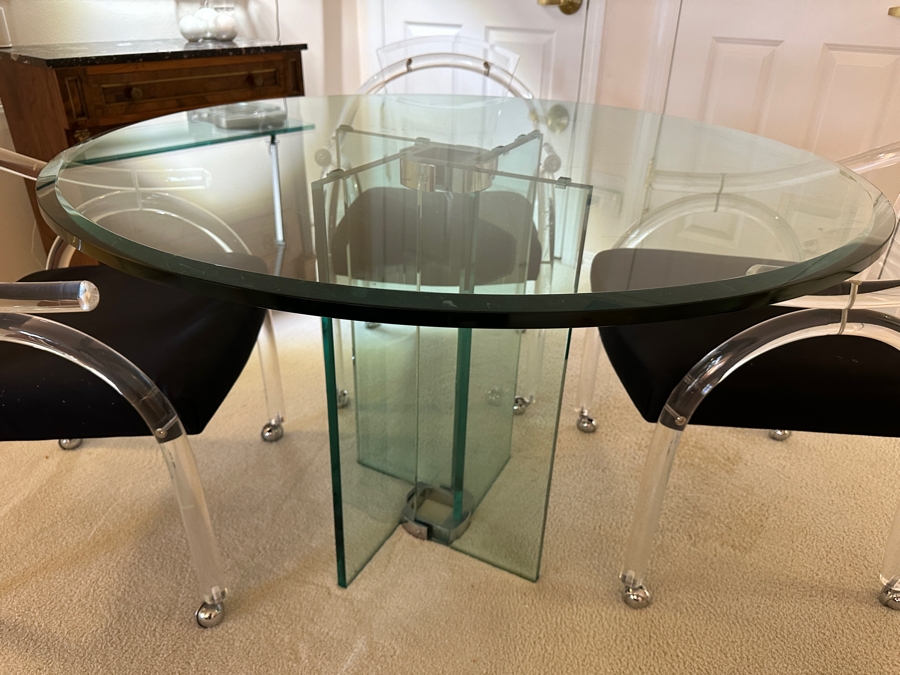 Four Modernist Lucite Chairs On Casters (Creations At Dallas) With Glass Pedestal Round Dining Table 44'R X 28.5'H [Photo 9]