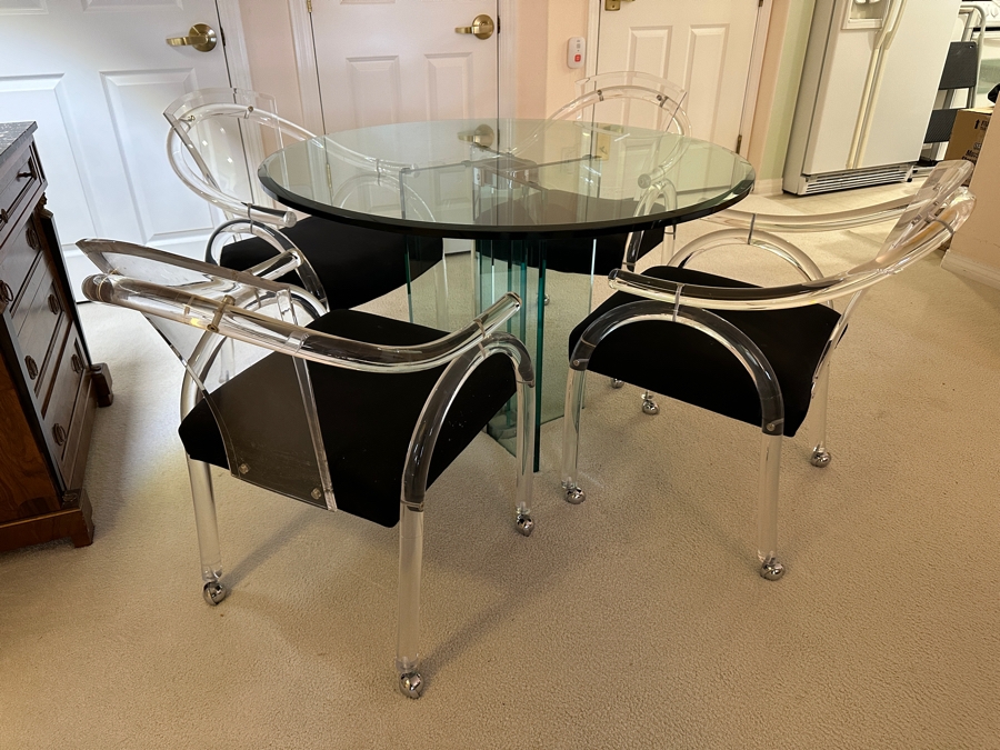 Four Modernist Lucite Chairs On Casters (Creations At Dallas) With Glass Pedestal Round Dining Table 44'R X 28.5'H [Photo 3]