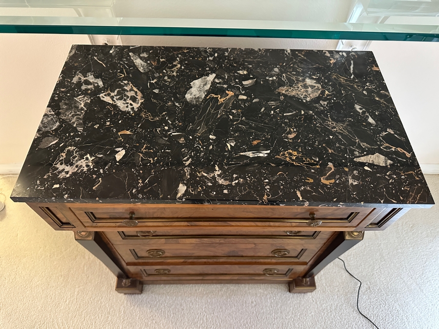 Stunning Italian Egyptian Revival Bronze Mounted Marble Top Walnut Commode 4-Drawer Dresser 28'W X 16'D X 30.5'H [Photo 7]